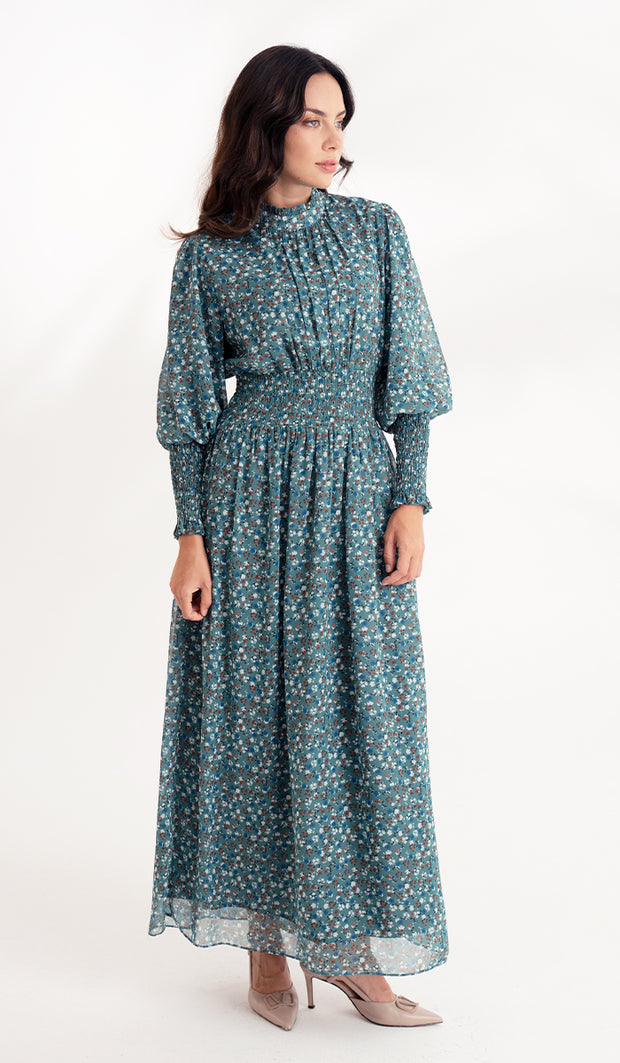 Anisa Modest Long Floral Print Elastic Waist Maxi Dress - Teal