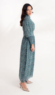 Anisa Modest Long Floral Print Elastic Waist Maxi Dress - Teal