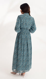 Anisa Modest Long Floral Print Elastic Waist Maxi Dress - Teal