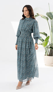 Anisa Modest Long Floral Print Elastic Waist Maxi Dress - Teal