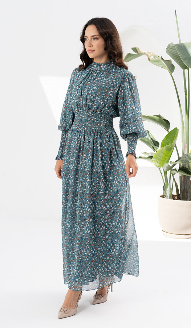 Anisa Modest Long Floral Print Elastic Waist Maxi Dress - Teal