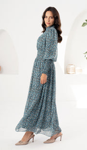 Anisa Modest Long Floral Print Elastic Waist Maxi Dress - Teal
