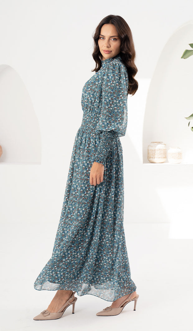 Anisa Modest Long Teal Floral Print Maxi Dress | Modest Muslim Dresses | Artizara, USA 10 (L)/42 in.(107 cm)Garment Chest