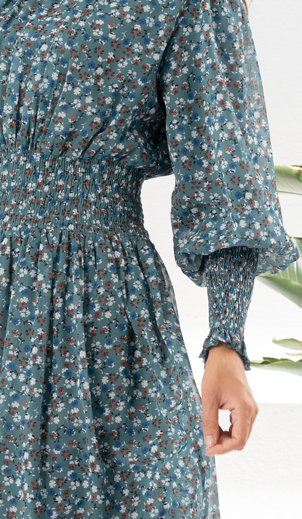 Anisa Modest Long Floral Print Elastic Waist Maxi Dress - Teal