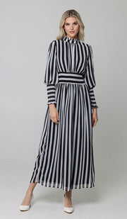 Anisa Modest Long Striped Elastic Waist Dress - Black and White