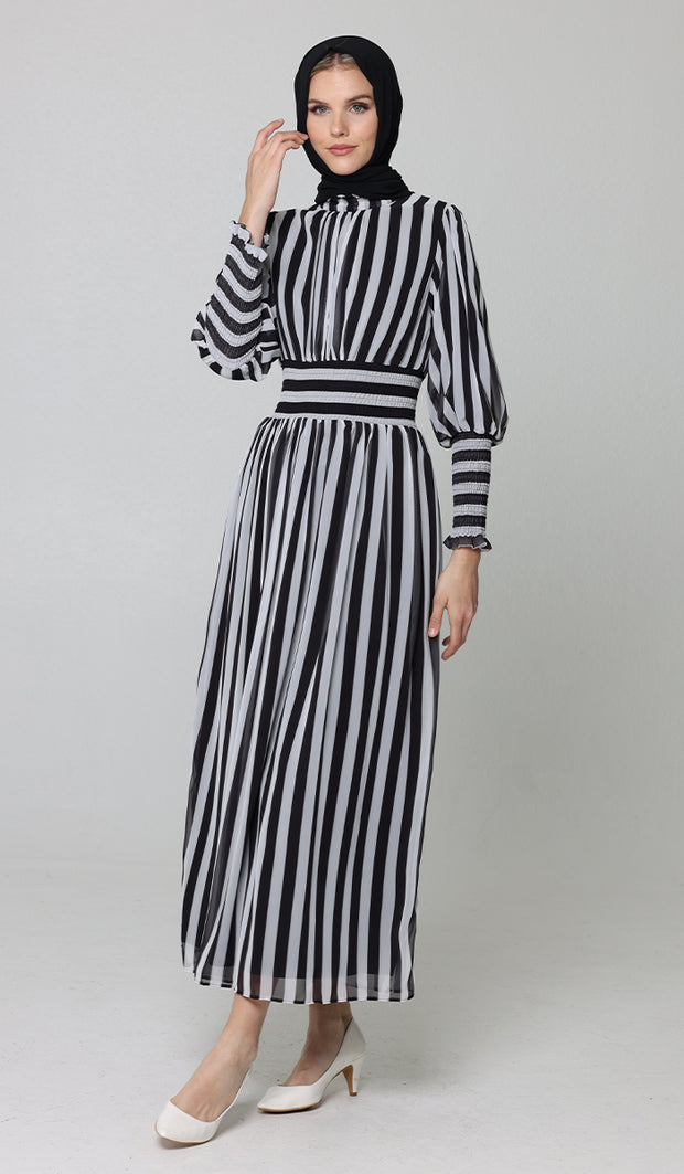 Anisa Modest Long Striped Elastic Waist Dress - Black and White