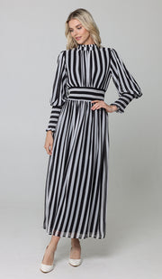 Anisa Modest Long Striped Elastic Waist Dress - Black and White