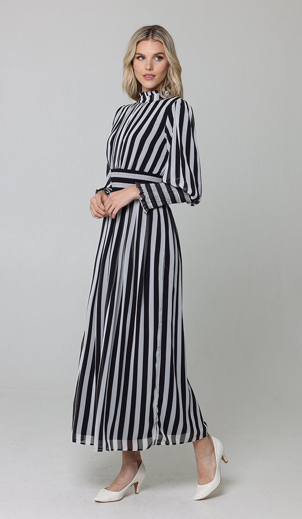 Anisa Modest Long Striped Elastic Waist Dress - Black and White