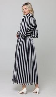 Anisa Modest Long Striped Elastic Waist Dress - Black and White