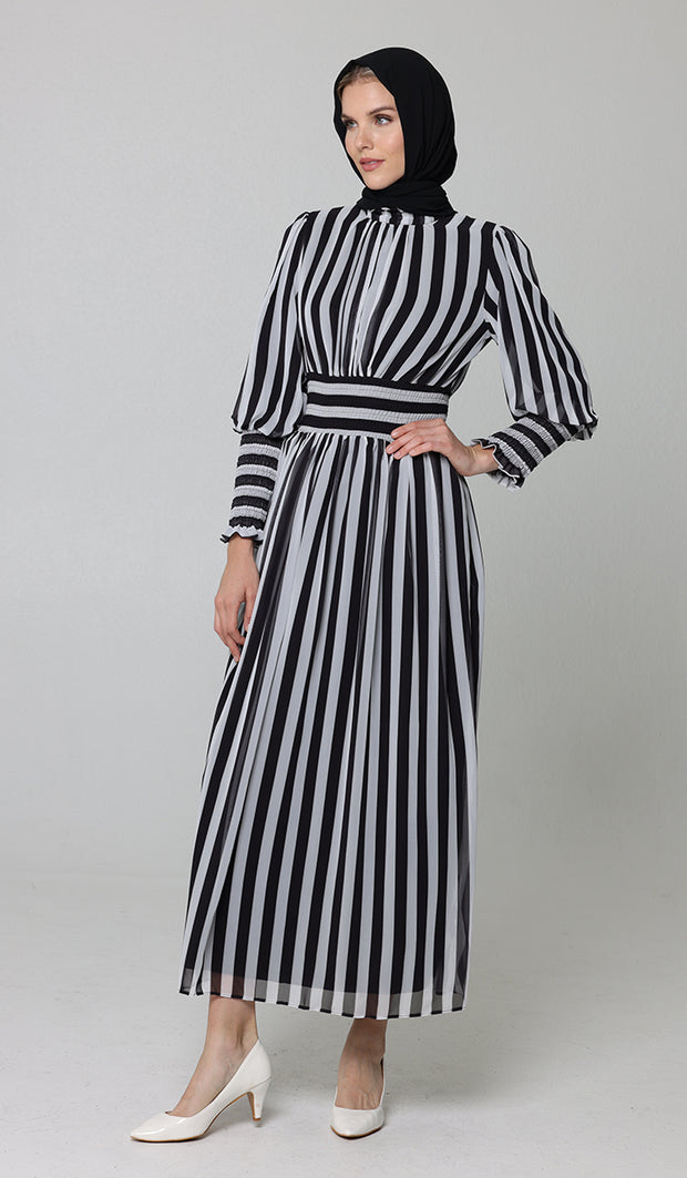 Anisa Modest Long Striped Elastic Waist Dress - Black and White