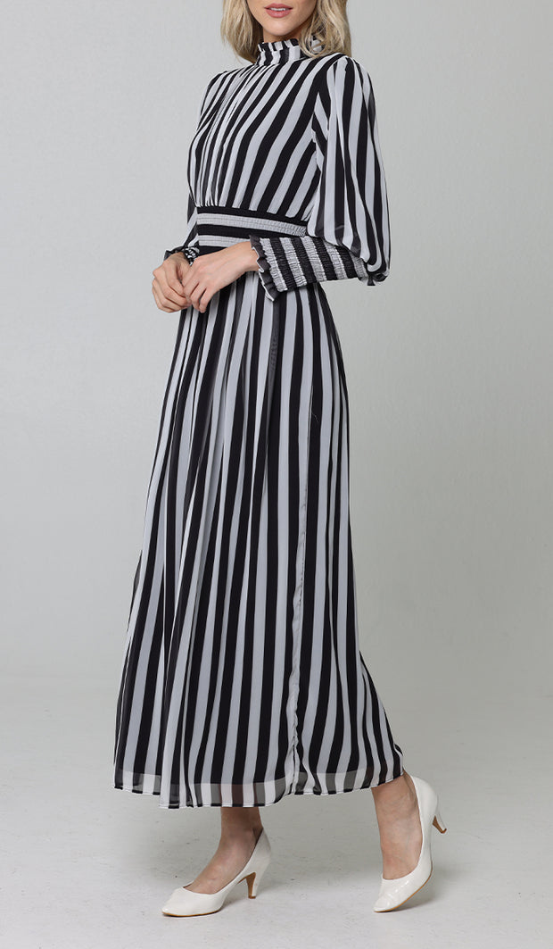 Anisa Modest Long Striped Elastic Waist Dress - Black and White