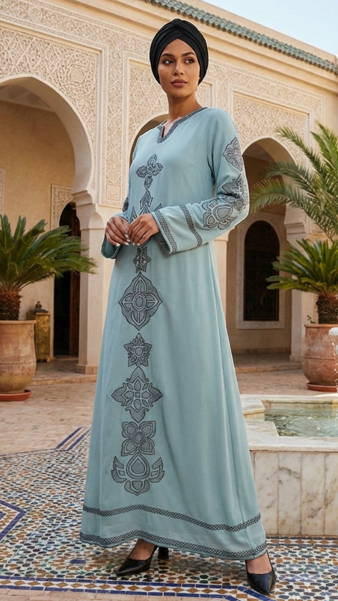Areej Seagreen and Gray Embroidered Chiffon Modest Long Maxi Dress | Modest Muslim Dresses