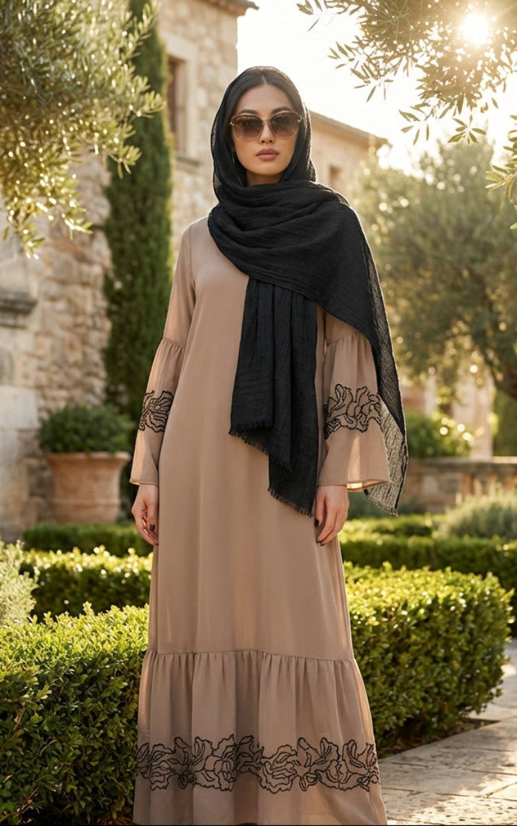 fitted lace wedding dress Mahin Cafe Brown and Black Embroidered Chiffon Modest Long Maxi Dress |  Modest Muslim Dresses