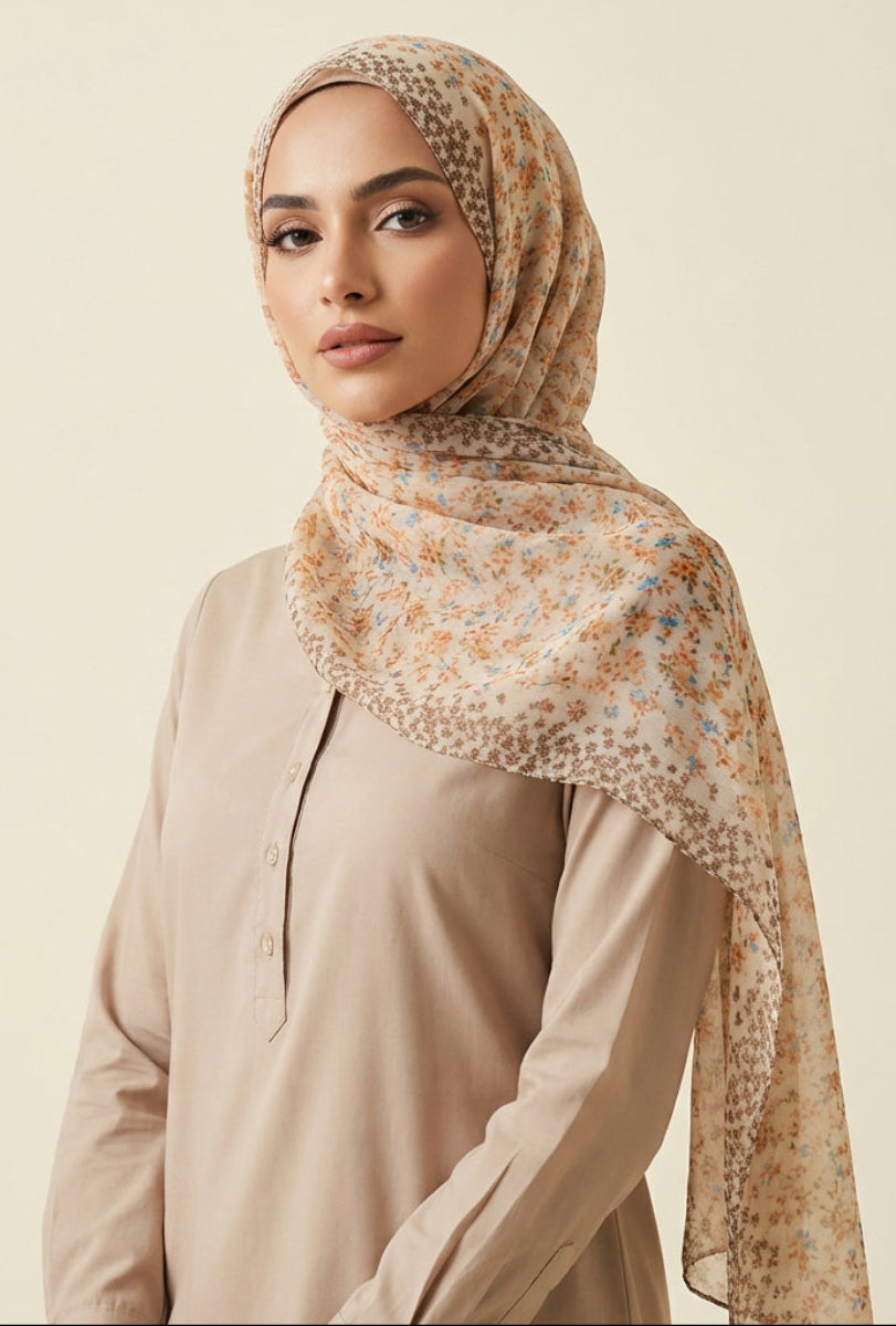 Woman wearing a beige hijab with floral patterns on a beige background