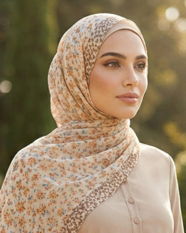 Woman in a beige outfit with a floral headscarf standing in a garden setting