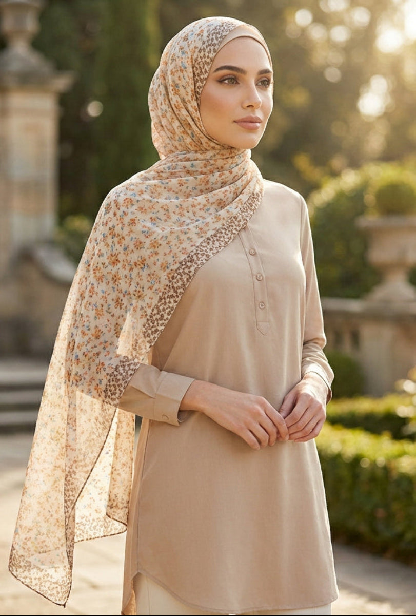 Rosa Chiffon Floral Print Wrap Hijab - Cream/ Brown | Islamic Hijabs