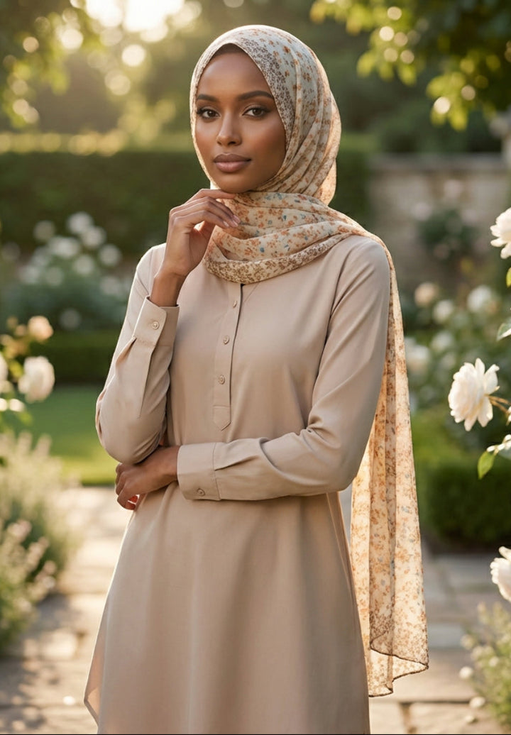 Woman wearing a beige dress and floral hijab in a garden setting