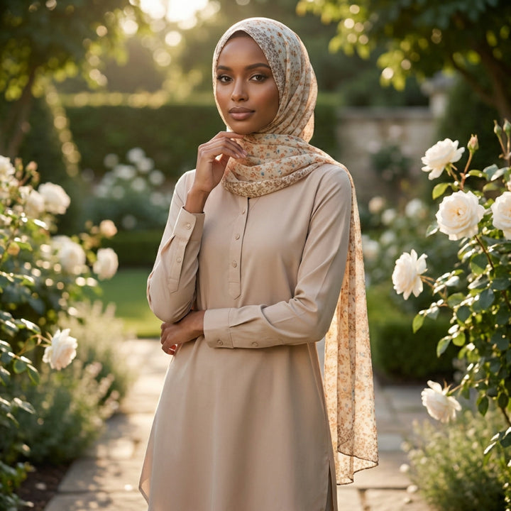 Woman in a beige dress and headscarf standing in a garden with white flowers.