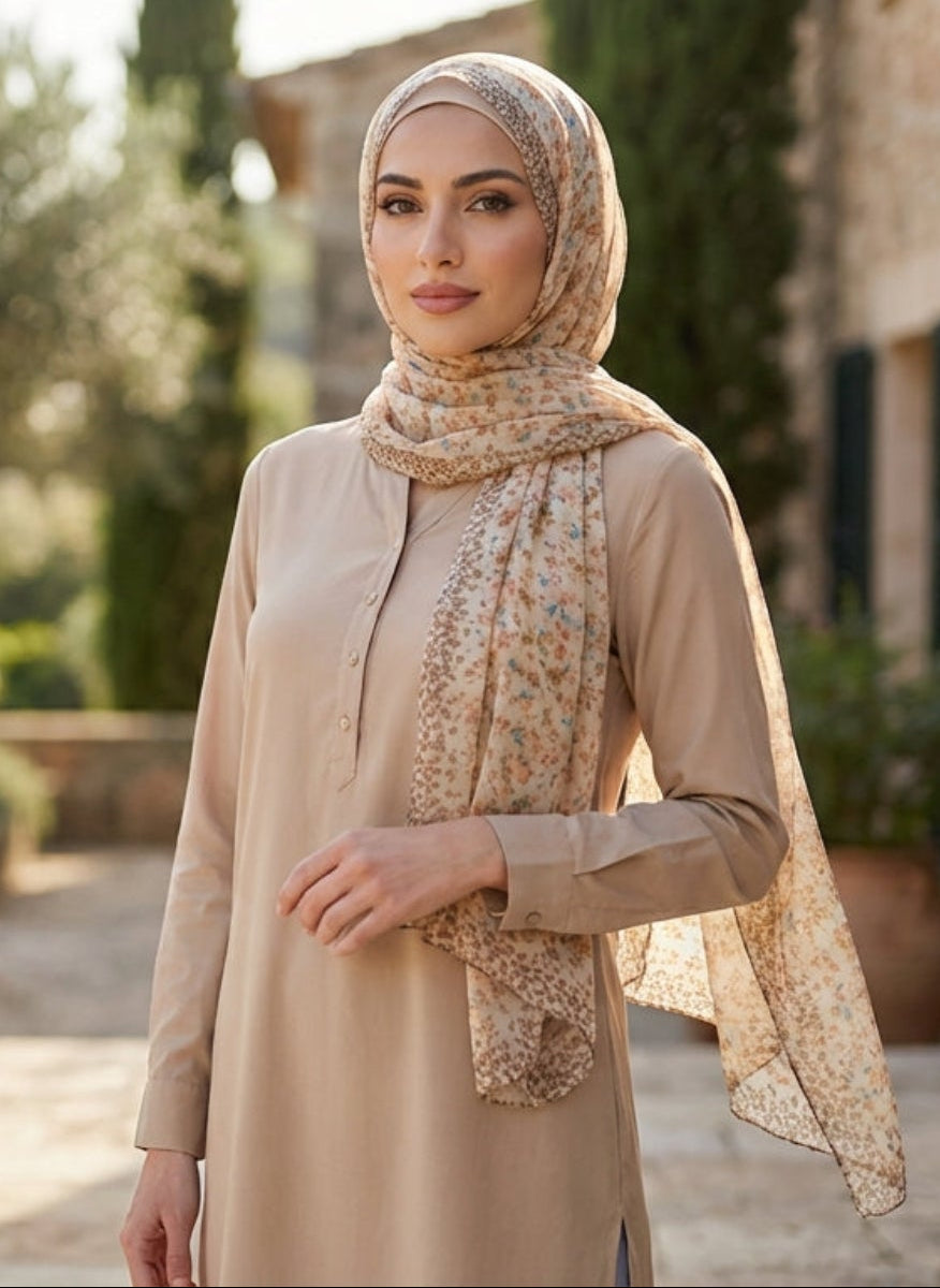 Woman in a beige dress and headscarf standing in an outdoor setting with trees and plants.