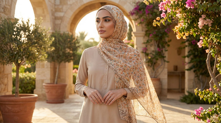 Woman wearing a beige hijab and dress in an outdoor setting with arches and plants.