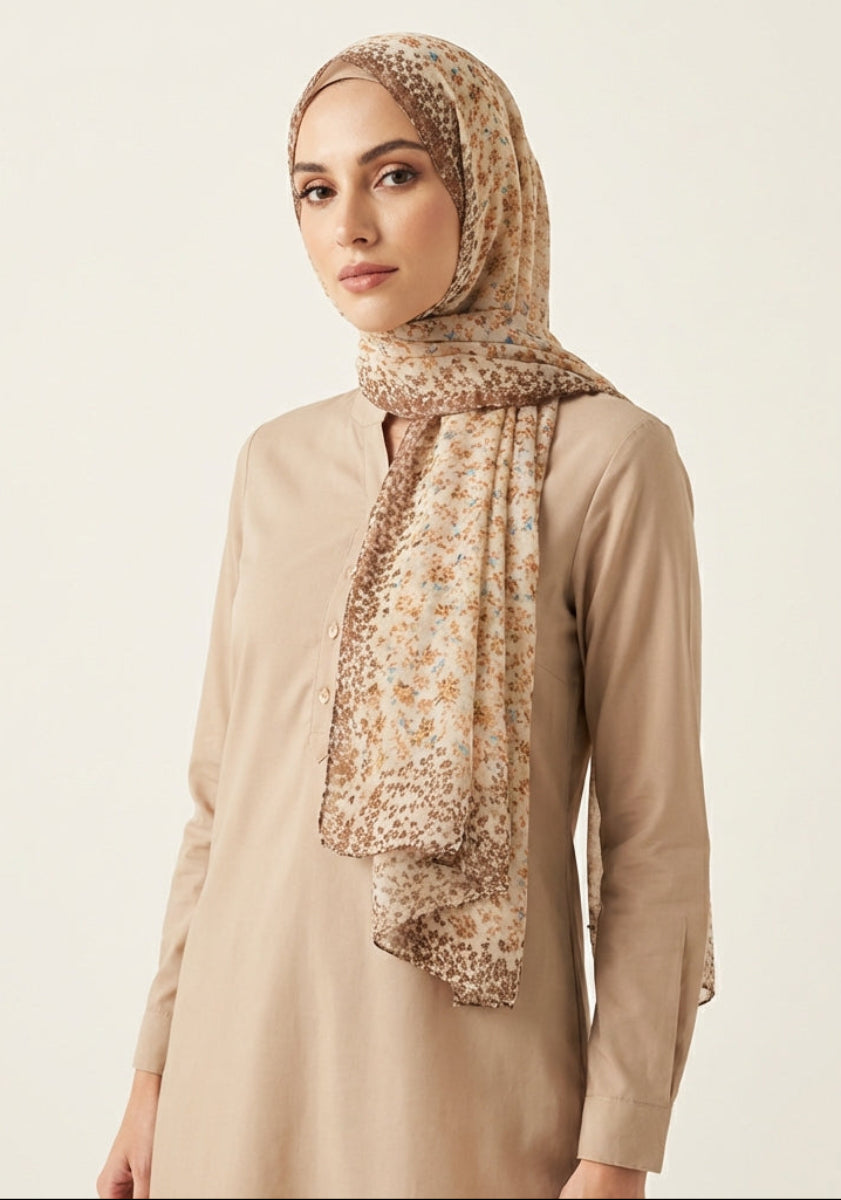Woman wearing a beige hijab with a subtle pattern on a plain background