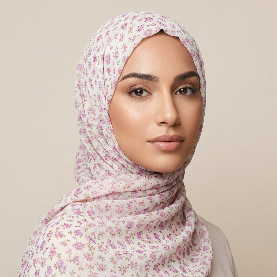Woman wearing a floral hijab against a beige background