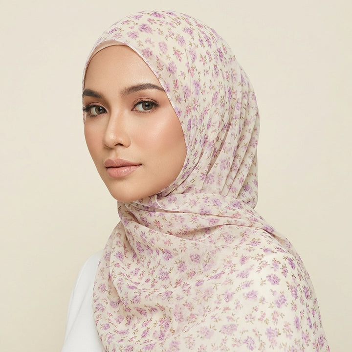 Woman wearing a floral hijab against a plain background