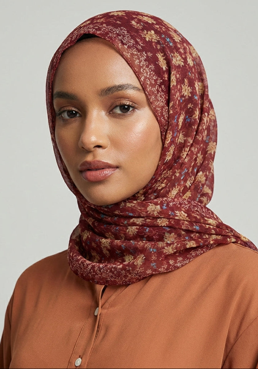 Woman wearing a patterned headscarf and brown shirt against a plain background