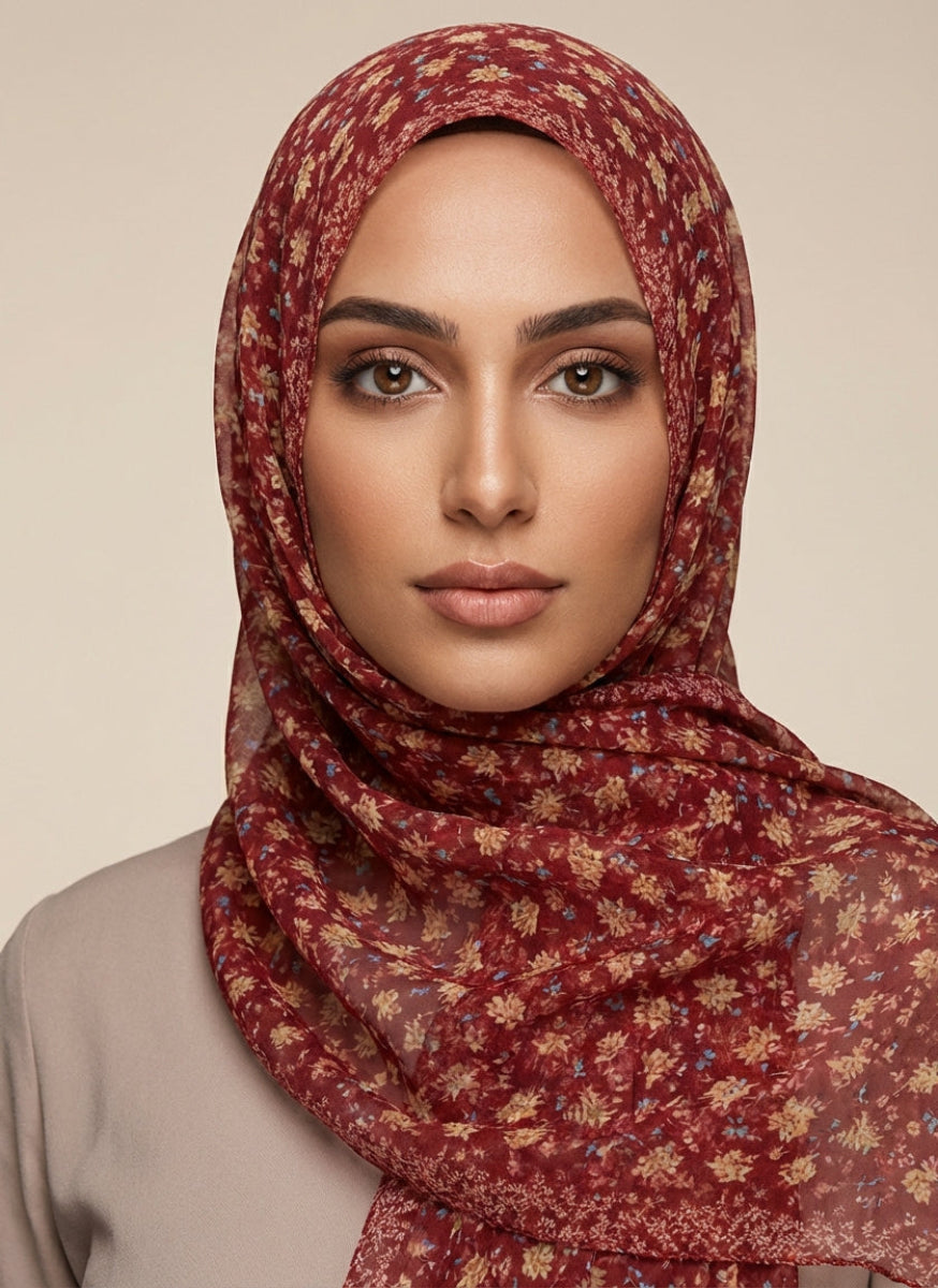 Woman wearing a red floral hijab against a beige background