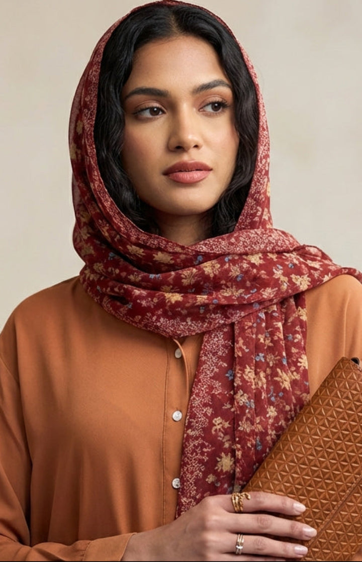 Woman wearing a patterned headscarf and holding a brown clutch against a neutral background