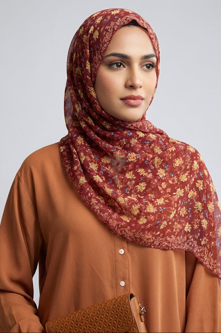 Woman wearing a patterned red hijab and brown blouse against a gray background