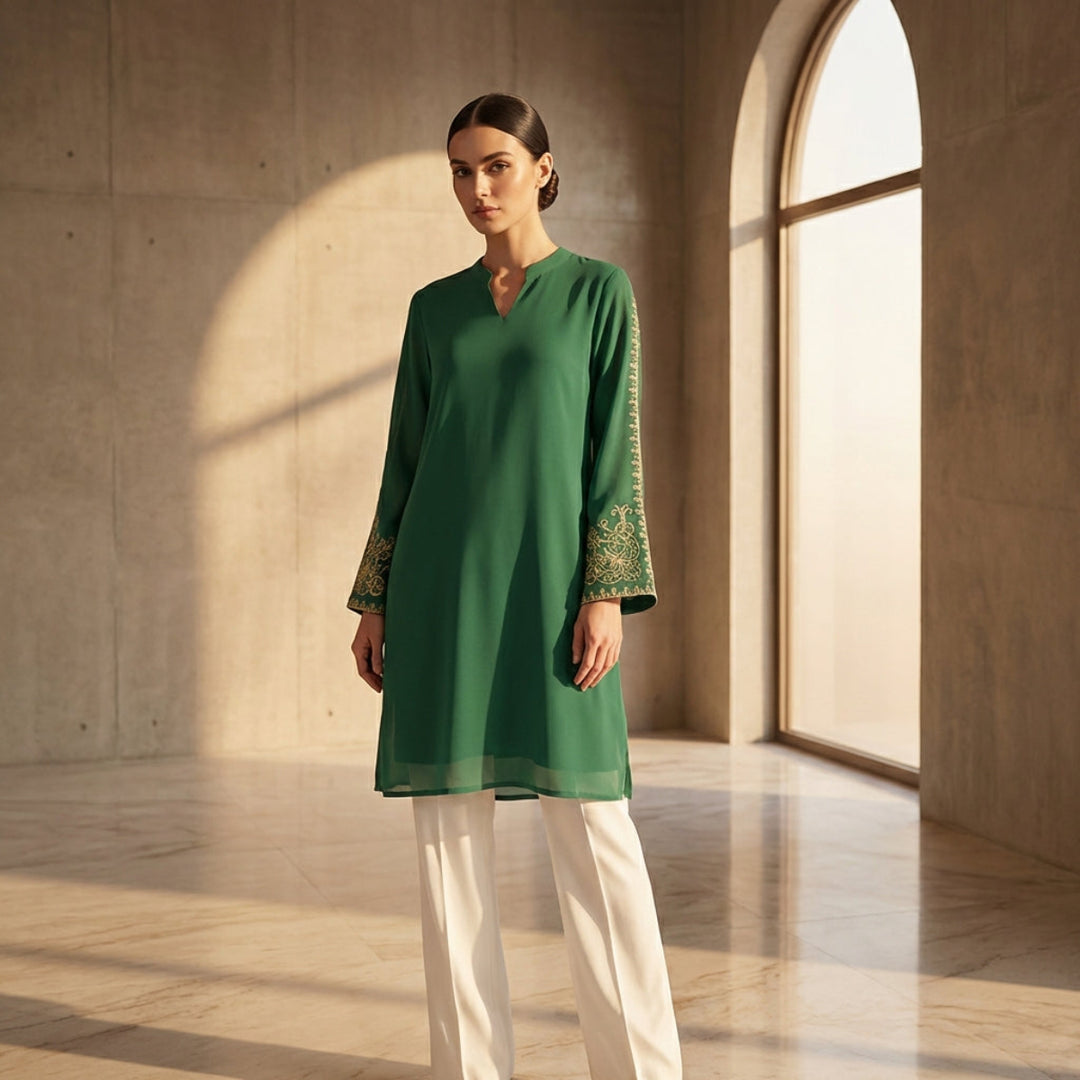Woman wearing a green dress with embroidery in a sunlit room