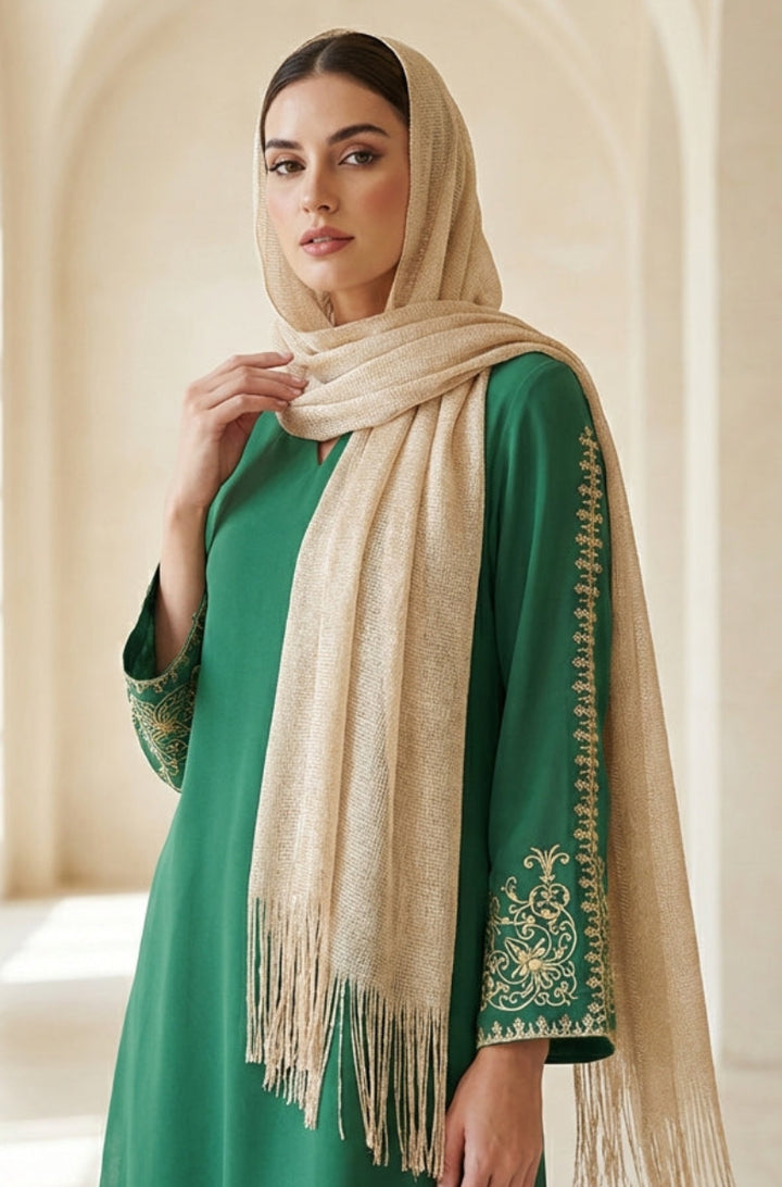 Woman wearing a green dress with embroidery and a beige scarf in a bright, architectural setting.