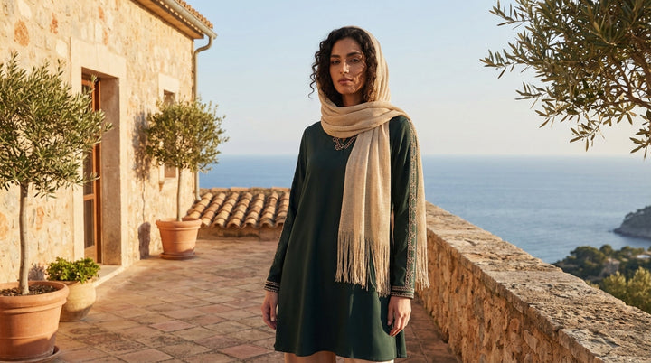 Woman standing on a stone terrace with a scenic view of the sea and mountains.