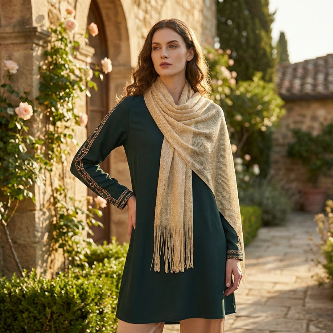 Woman wearing a green dress and beige scarf in an outdoor setting with stone archway and flowers.