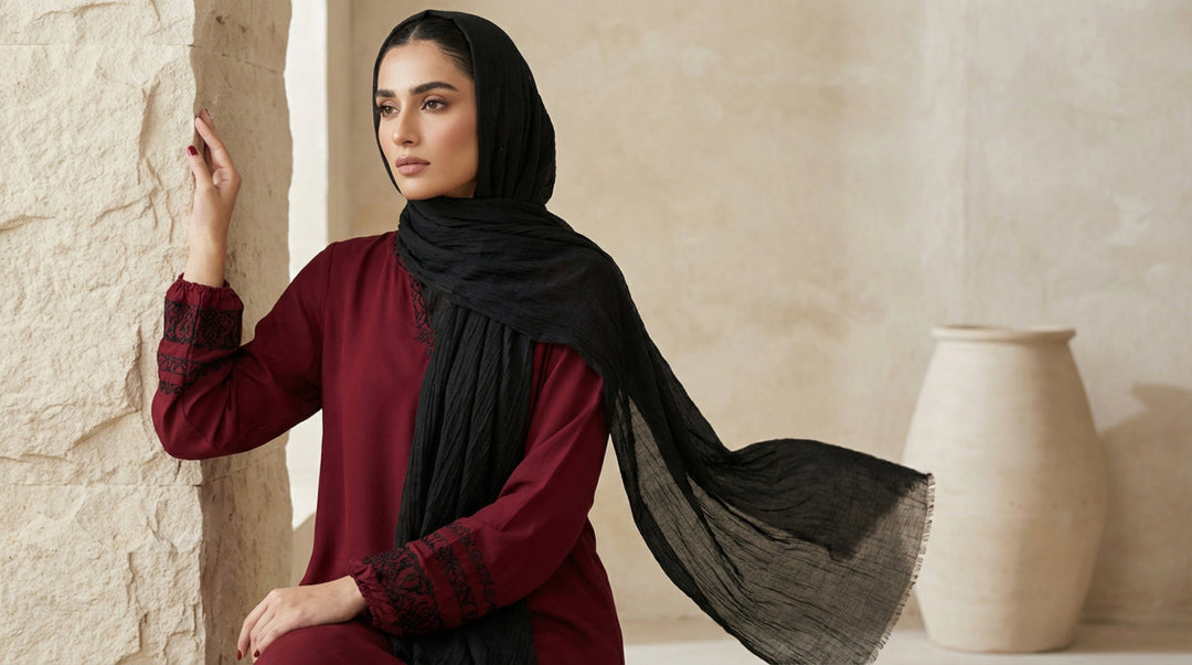 Woman wearing a black hijab and red outfit against a beige wall with a vase.