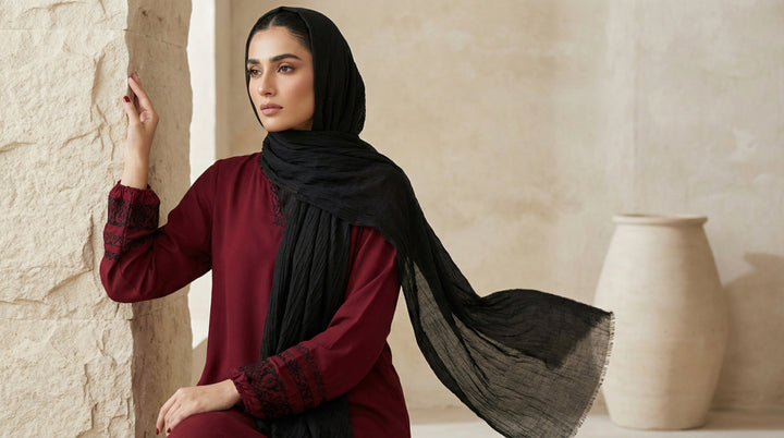 Woman wearing a black hijab and red outfit against a beige wall with a vase.