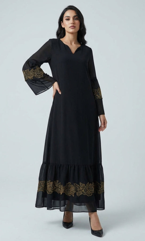 Mahin Black and Gold Embroidered Chiffon Modest Long Maxi Dress | Modest Muslim Dresses | Artizara ARTIZARA.COM Mahin Black and Gold Embroidered Chiffon Modest Long Maxi Dress | Modest Muslim Dresses | Artizara ARTIZARA.COM