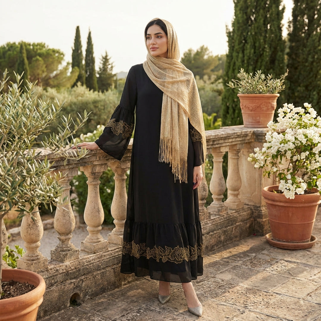Mahin Black and Gold Embroidered Chiffon Modest Long Maxi Dress | Modest Muslim Dresses | Artizara USA 10 (L)/42 in.(107 cm)Garment Chest Mahin Black and Gold Embroidered Chiffon Modest Long Maxi Dress | Modest Muslim Dresses | Artizara USA 10 (L)/42 in.(107 cm)Garment Chest
