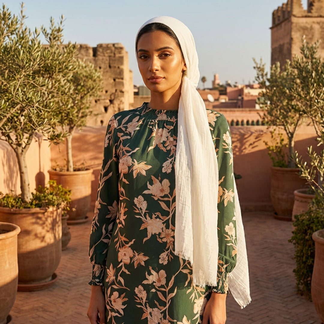 Woman in a floral dress with a white headscarf standing in a sunlit outdoor setting with potted plants and a castle-like structure.