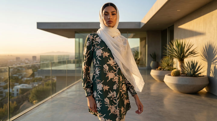 Woman in a floral dress and hijab standing on a rooftop with a modern building and cityscape in the background.