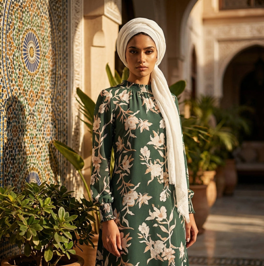Woman in a floral dress standing in a sunlit courtyard with plants and architectural elements.