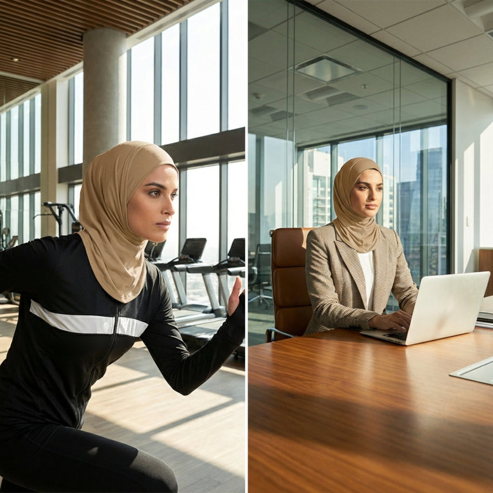 Two images of a woman in hijab; one sitting, the other at a desk with a laptop.