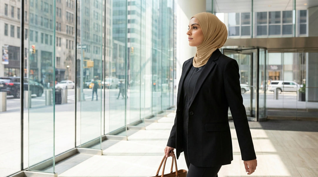 Woman in a hijab walking through a modern glass building entrance.