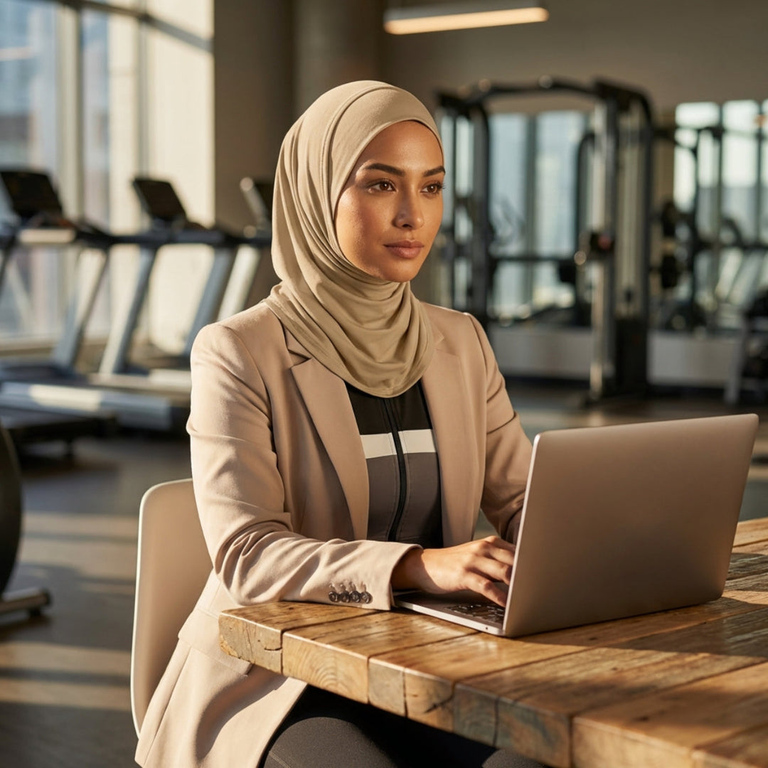 Woman using a laptop in a gym setting