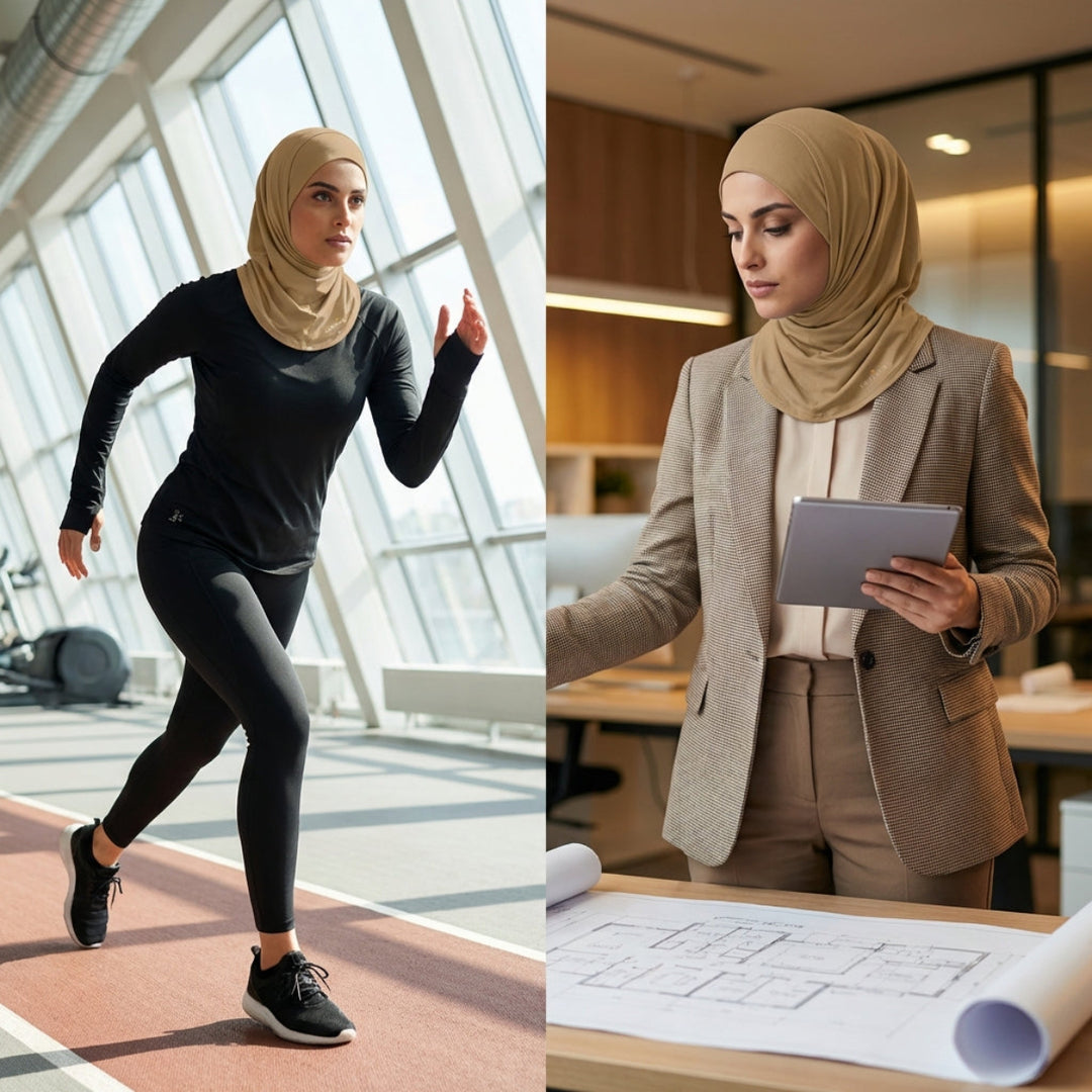 Woman exercising outdoors and working at a desk indoors.