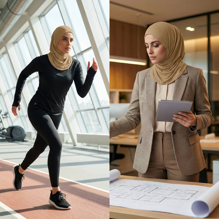 Woman exercising outdoors and working at a desk indoors.