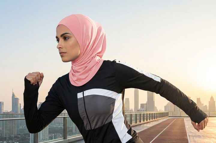 Woman running on a rooftop with a cityscape in the background