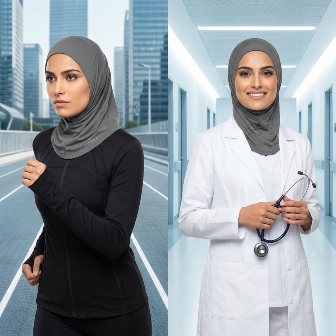 Woman in hijab transitioning from running to a medical profession