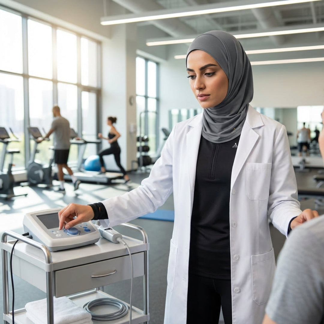 Physiotherapist using a machine in a gym setting